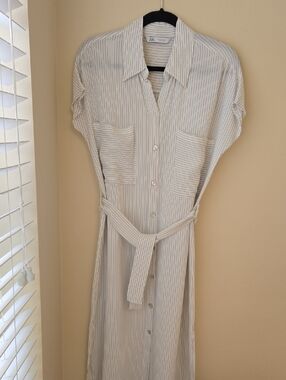 Zara Cream and Gray Striped Button-Front Shirt Dress